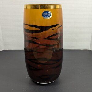 BOHEMIA Crystal Vintage Tiger Stripe Amber Black Gold Vase